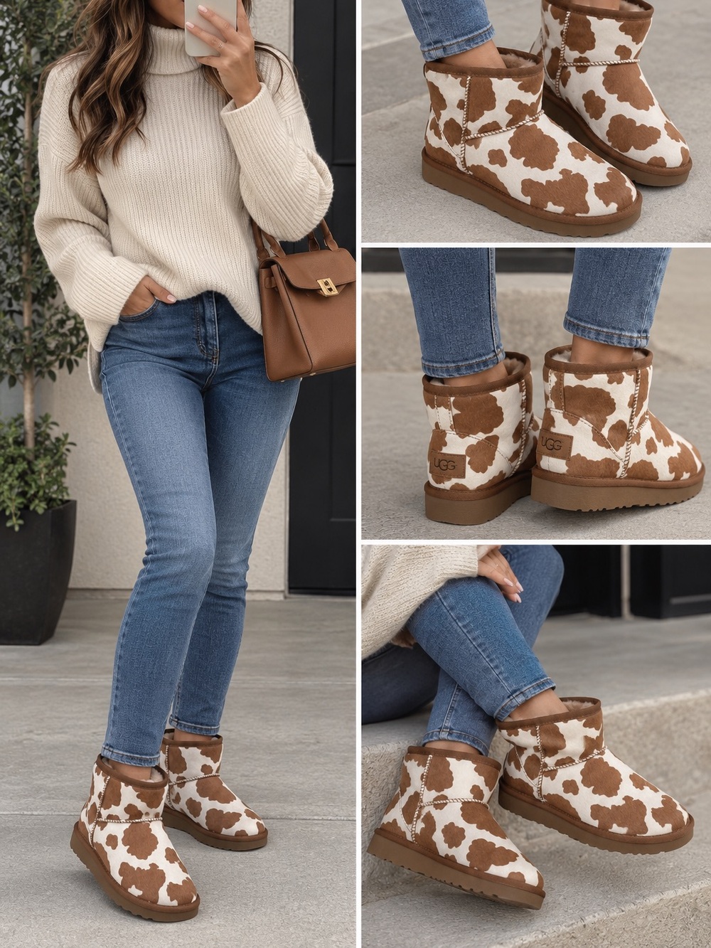 UGG Cow-Print Short Boots - Brown & White